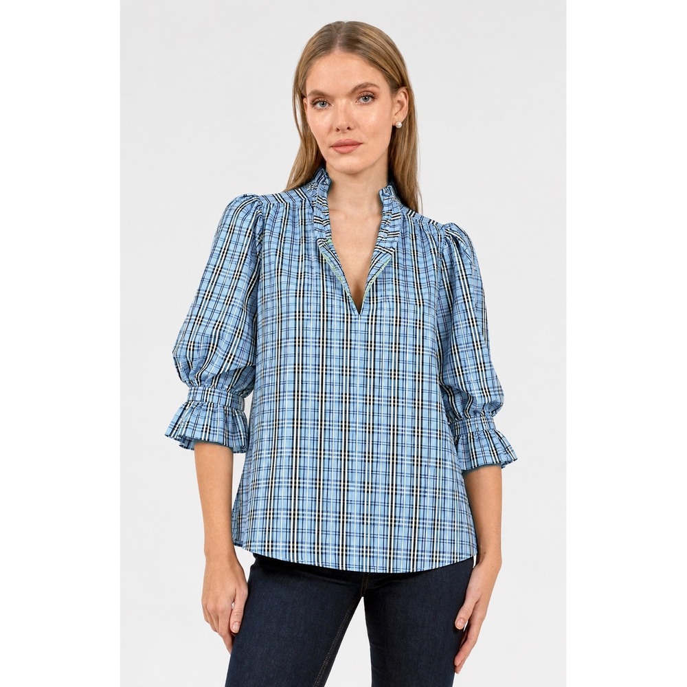 Gretchen Scott Ruffleneck Tunic Top Blue Plaid Ruffle Sleeve Blouse Small
